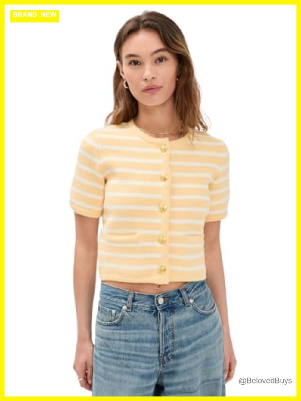 Striped Knit Cardigan with Welt Pockets and Short Sleeves